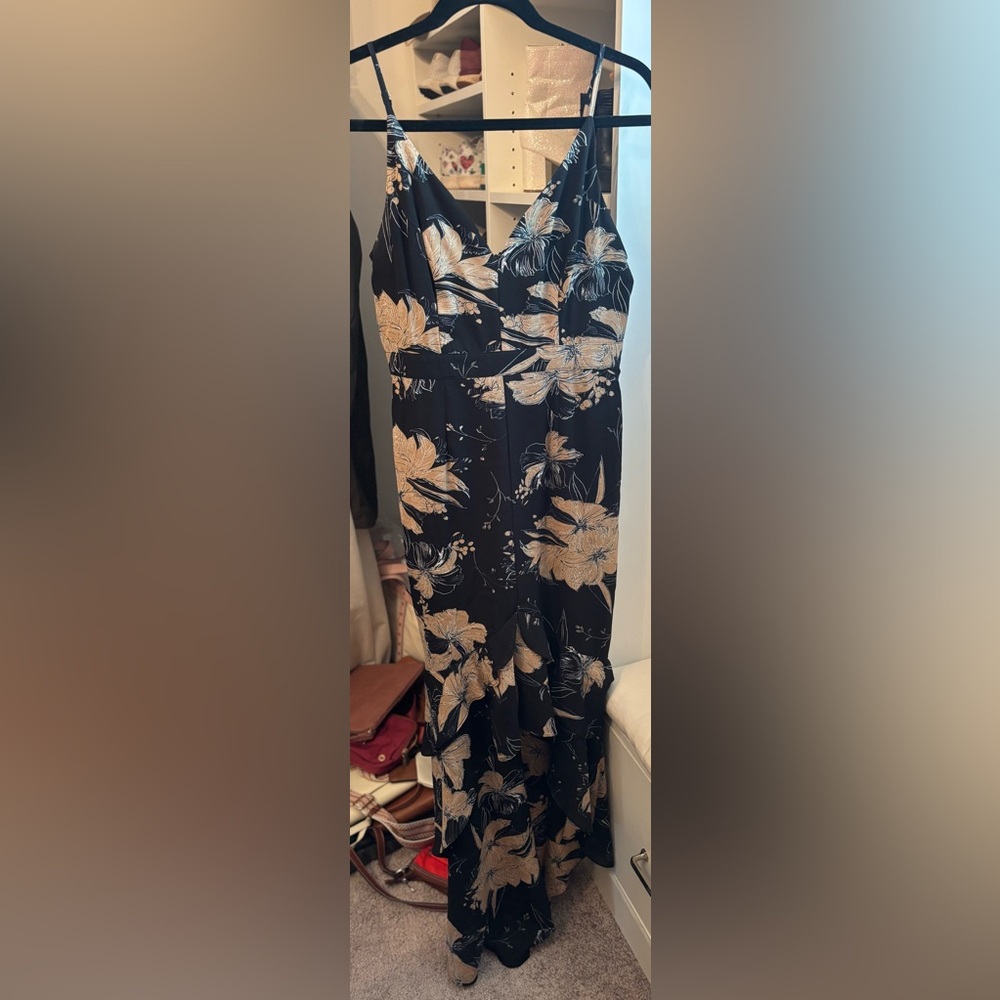 Lulu's Black and Gold Floral High Low Dress
